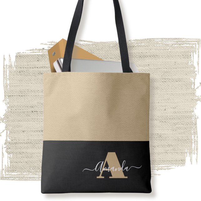 Brown White Black Minimal Monogram Script  Tote Bag (Creator Uploaded)