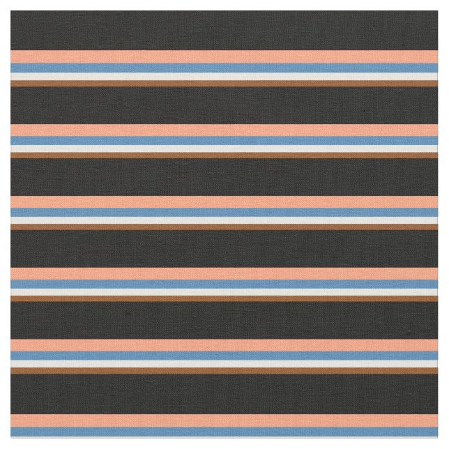 Brown, White, Blue, Light Salmon & Black Stripes Fabric (Close Up)