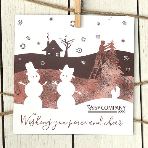 Brown White Bronze Snowmen Company Holiday Card