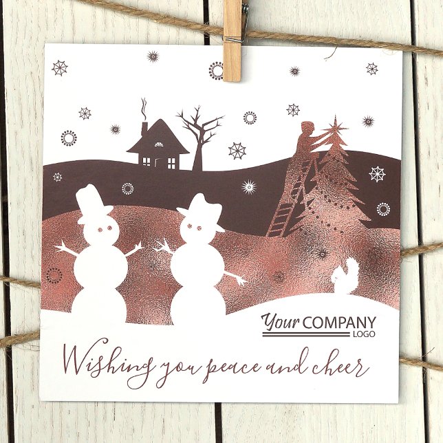 Brown, White, Bronze Snowmen Company Holiday Card (Chocolate Brown Logo Company Holiday Christmas Cards, Rustic Brown White Snowmen Snow Village)