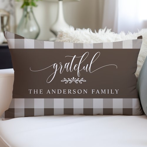 Brown &Amp;Amp; White Buffalo Check Grateful Personalized Lumbar Pillow