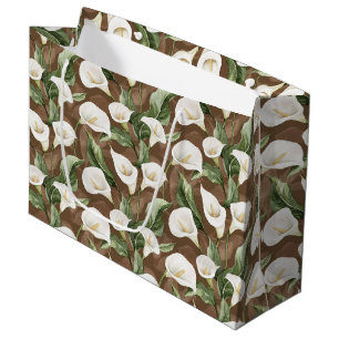 Brown White Calla Lily Floral Bridal Shower Large Gift Bag