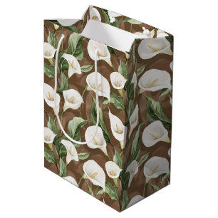 Brown White Calla Lily Floral Bridal Shower Medium Gift Bag