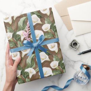 Brown White Calla Lily Floral Bridal Shower Wrapping Paper