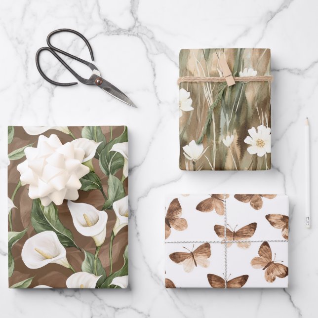 Brown White Calla Lily Floral Bridal Shower Wrapping Paper Sheets (Front)