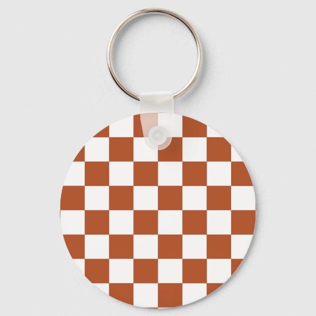 Brown White Checkered Check Pattern Keychain (Front)