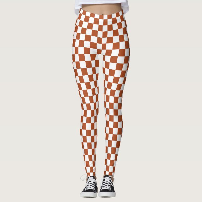 Brown White Checkered Check Pattern Leggings (Front)