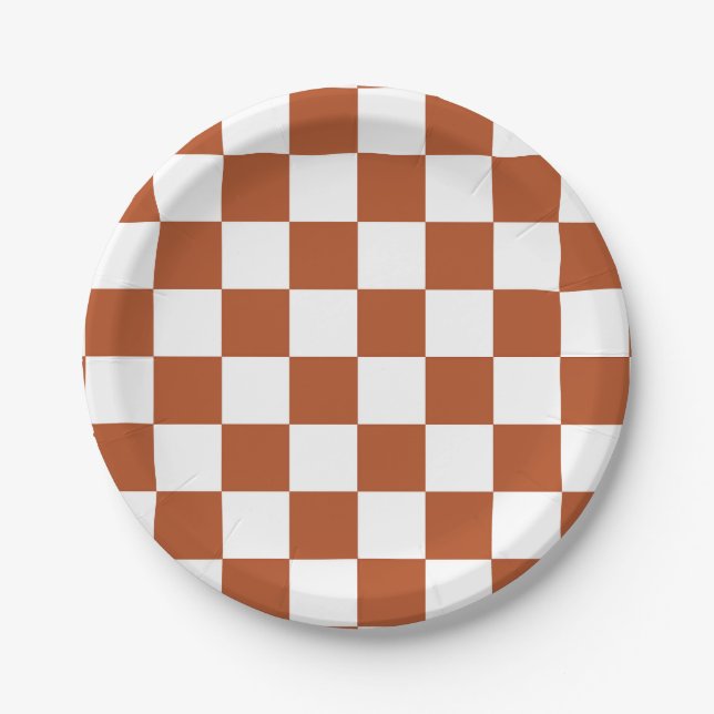 Brown White Checkered Check Pattern Paper Plates (Front)