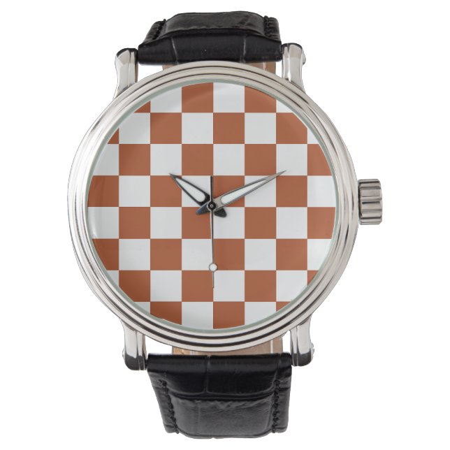 Brown White Checkered Check Pattern Watch (Front)