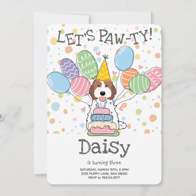 Brown White Cockapoo Cavapoo Dog Birthday Party Invitation (Front)