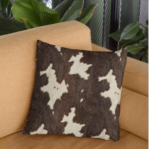 Brown White Cow Faux Fur Spots Skin  Throw Pillow