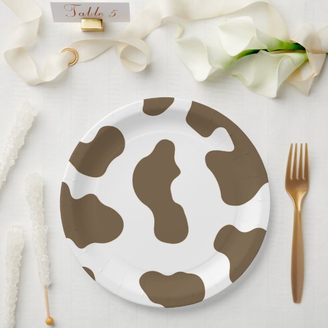 Brown White Cow Print Country Western Rodeo Party Paper Plates (Wedding)