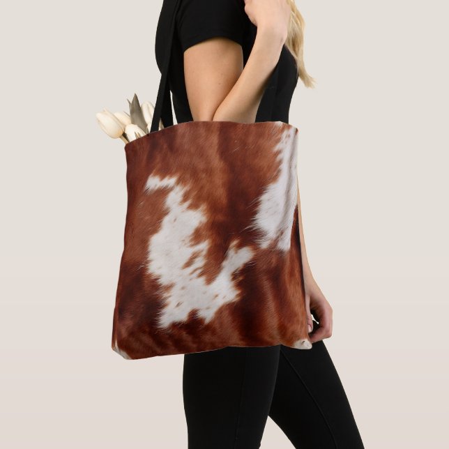 Brown White Cowhide Tote Bag (Close Up)