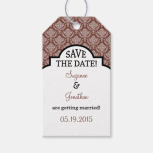 Brown White Damask Save The Date Tags