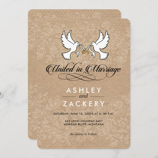 Brown, white doves Wedding Invitation (Front/Back)