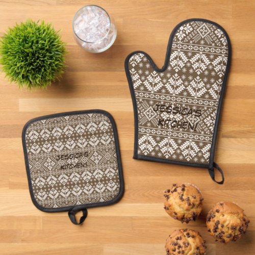 Brown  White Fair isle Pattern Background Oven Mitt  Pot Holder Set