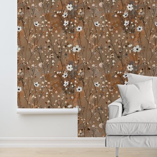 Brown White Flower Pattern Wallpaper