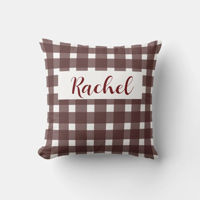 Brown White Gingham Personalized Throw Pillow (Front)