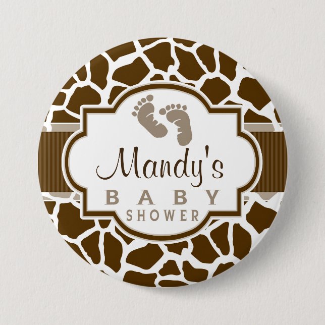 Brown, White Giraffe Animal Print Baby Shower Pinback Button (Front)