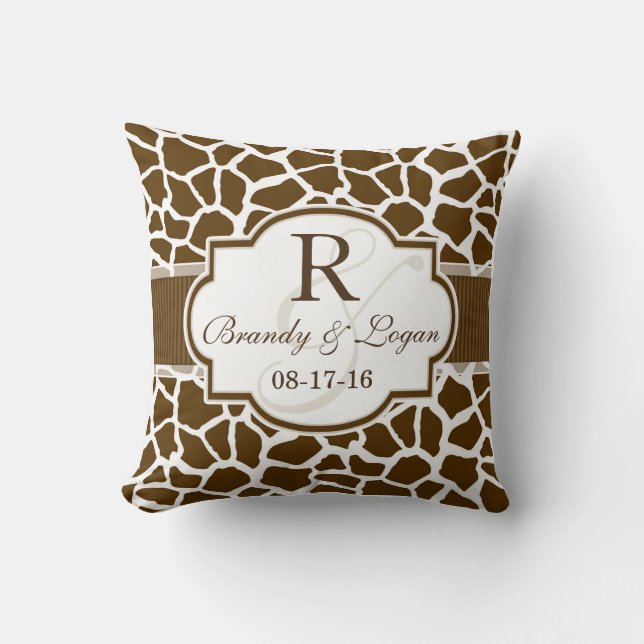 Brown, White Giraffe Animal Print Wedding Throw Pillow (Front)