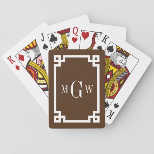 Brown White Greek Key 2 Framed 3 Init Monogram Playing Cards