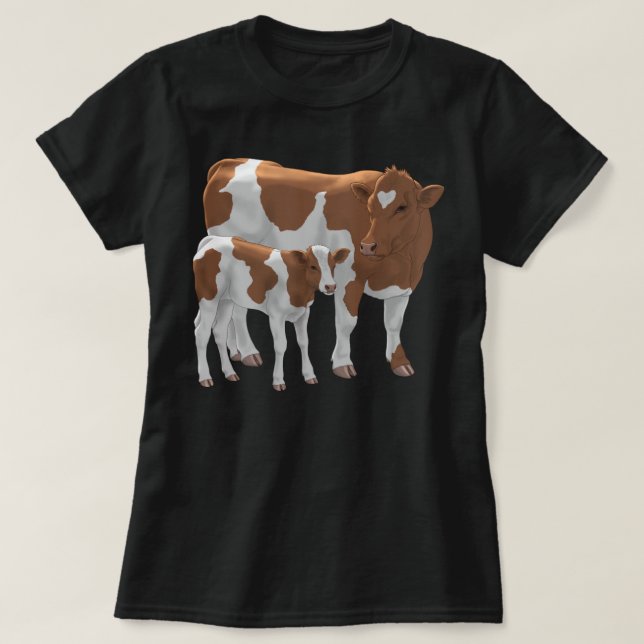 Brown & White Guernsey Cow & Cute Calf Cattle Farm T-Shirt (Design Front)