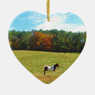 Brown & White horse,autumn trees,blue sky Ceramic Ornament