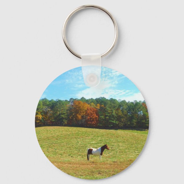 Brown & White horse,autumn trees,blue sky Keychain (Front)