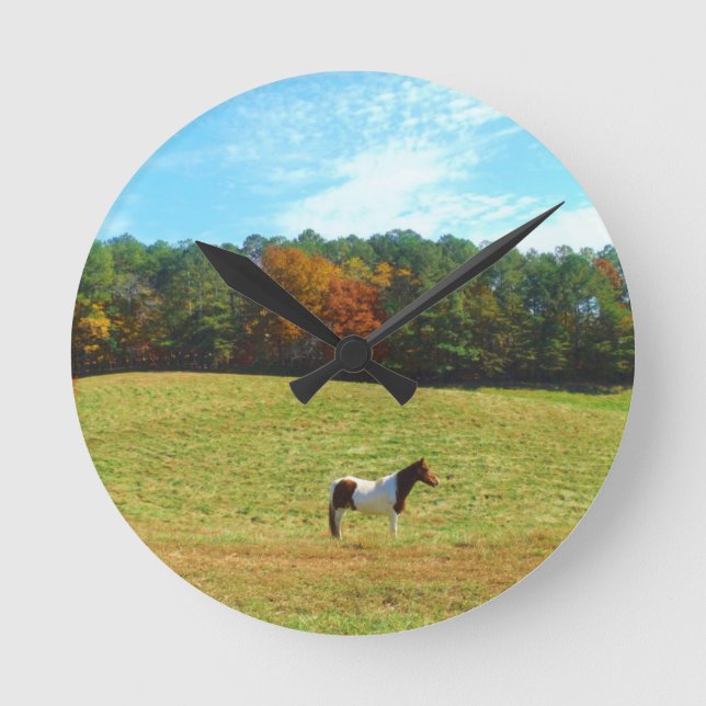 Brown & White horse,autumn trees,blue sky Round Clock (Front)