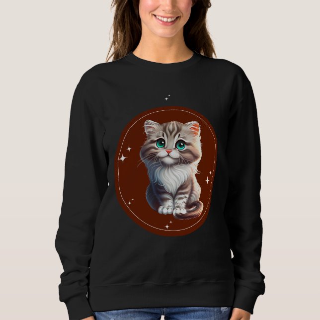 Brown White Illustrated Cute Cat T-Shirt Sweatshirt (Front)