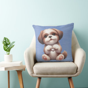 BROWN & WHITE LITTLE LHASA APSO PUPPY DOG THROW PILLOW