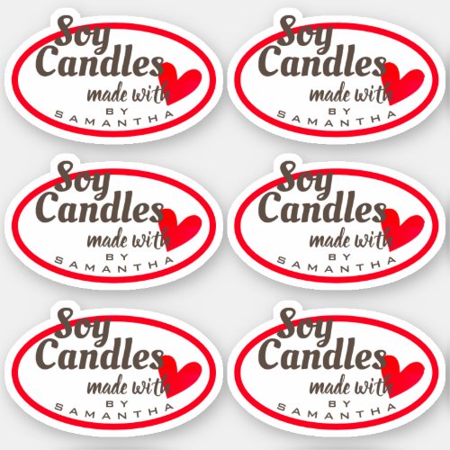 Brown White Made with Love Red Heart Soy Candles Sticker