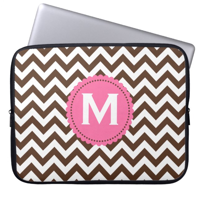 Brown White Monogram Chevron Pattern Laptop Sleeve (Front)