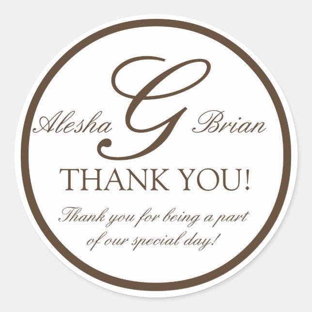 Brown White Monogrammed Wedding Favor Sticker (Front)