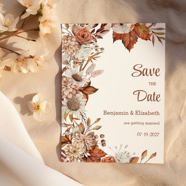 Brown white orange fall flora rustic Save the Date Invitation (Brown white orange fall flora rustic Save the Date)