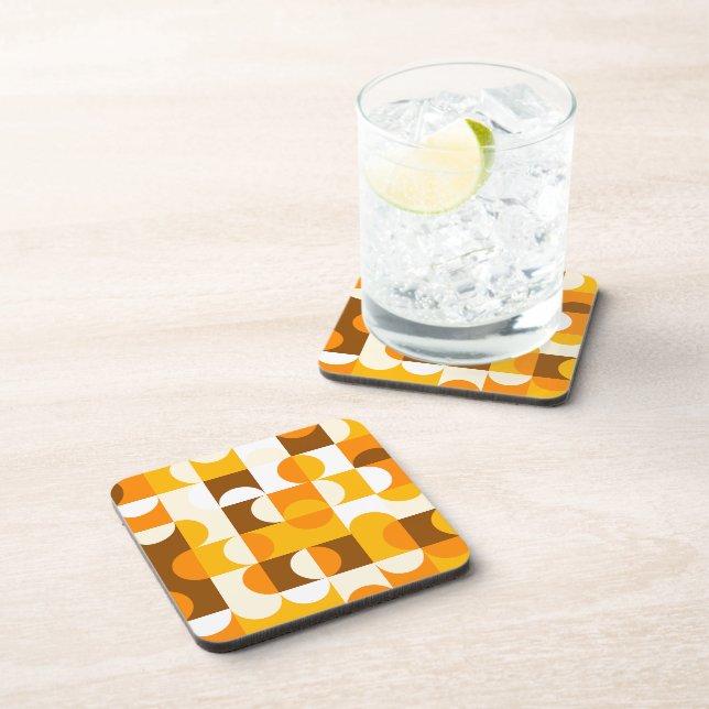 Brown White Orange Yellow Half Circles Pattern Beverage Coaster (Right Side)