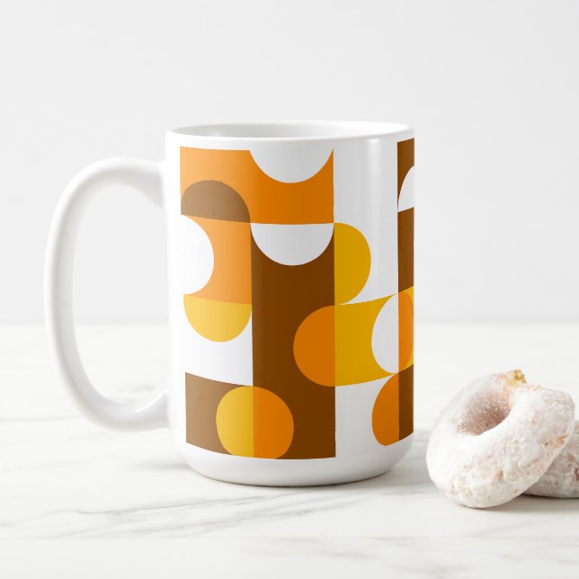 Brown White Orange Yellow Half Circles Pattern Coffee Mug (With Donut)