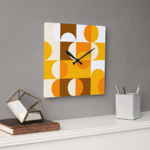 Brown White Orange Yellow Half Circles Pattern Square Wall Clock