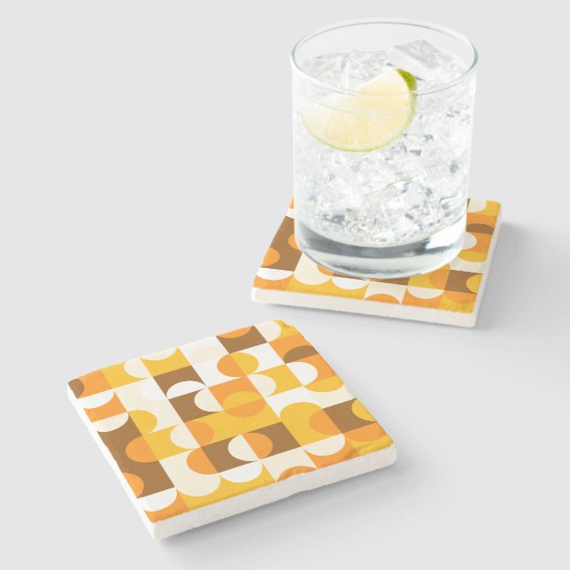 Brown White Orange Yellow Half Circles Pattern Stone Coaster (Side)