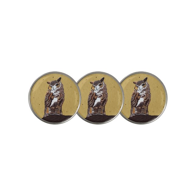 Brown White Owl Sitting on Tree Stump Tan Golf Ball Marker (3 Up)