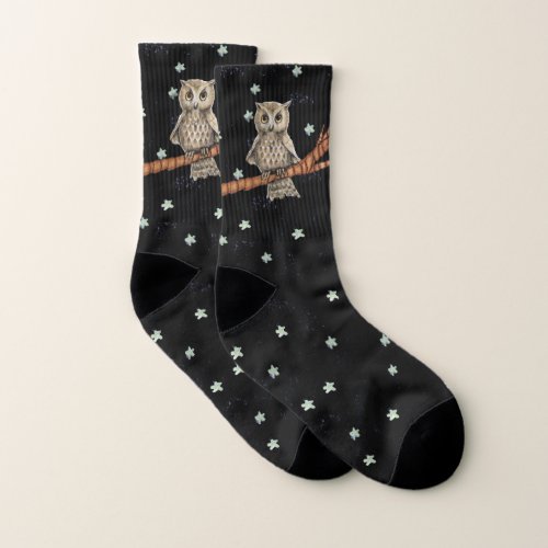 Brown White Owl Wearing Necklace on Black Socks