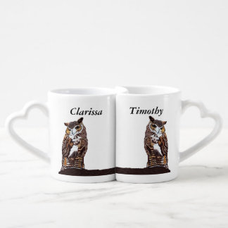Brown White Owls Golden Eyes on Tree Branch Coffee Mug Set
