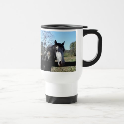 Brown White Painted Horse bright blue sky Travel Mug