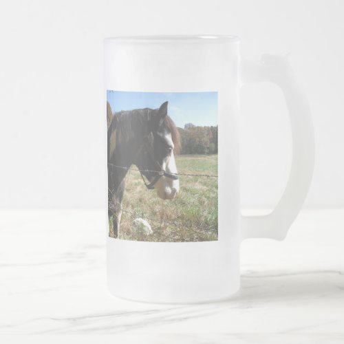 Brown White Painted Horse Queen Ann Lace flower Frosted Glass Beer Mug