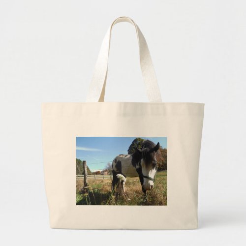 Brown White Painted Horse Queen Ann Lace flower Large Tote Bag