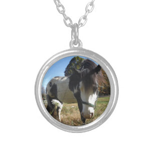 Brown &White, Painted Horse, Queen Ann Lace flower Silver Plated Necklace