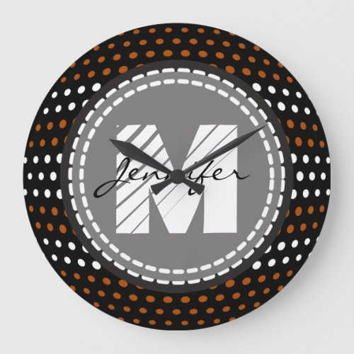 Brown  White Polka Dots Pattern Monogram Large Clock