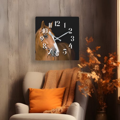 Brown White Quarter Horse Photo Numbered Square Wall Clock