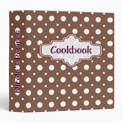 Brown white retro polka dot pattern cute recipe 3 ring binder