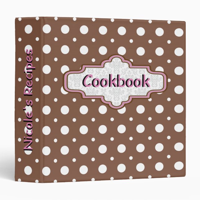 Brown, white retro polka dot pattern cute recipe 3 ring binder (Front/Spine)